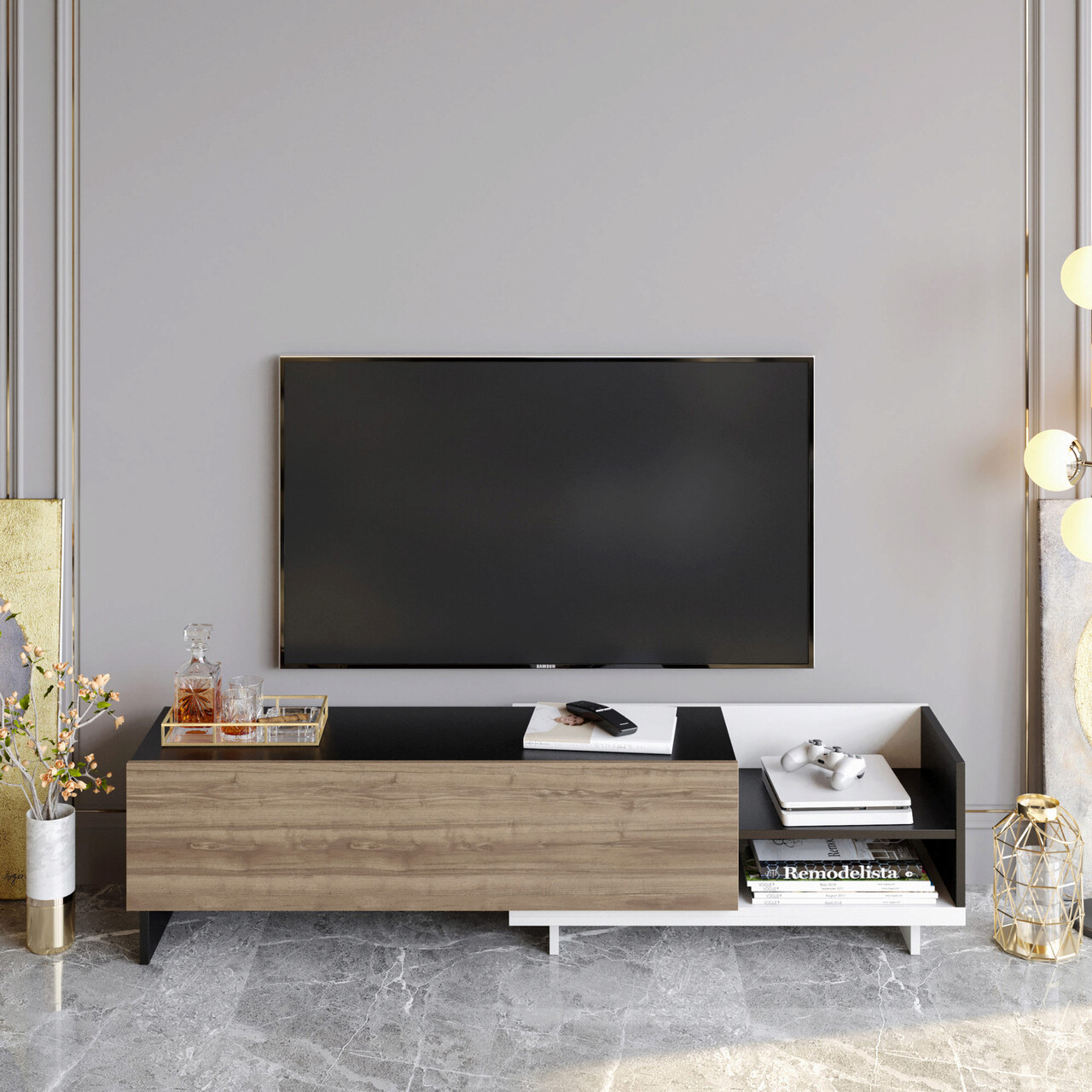 Comoda TV, Hanah Home, Parion, 165x35x41 cm, Alb / Negru / Nuc - imagine 6